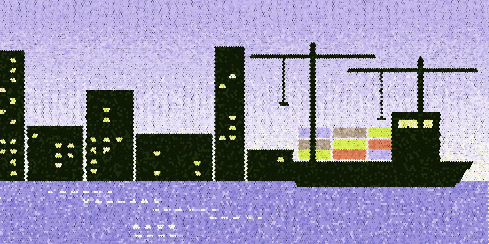 Stippled illustration of a harbour: city towers, a container ship and two cranes.